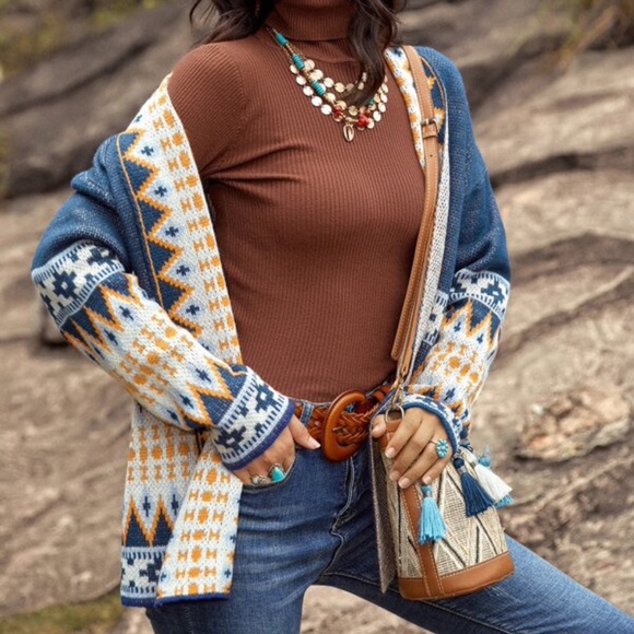 Blue Mustard Tribal Print Open Front Cardigan - Picture 4 of 6